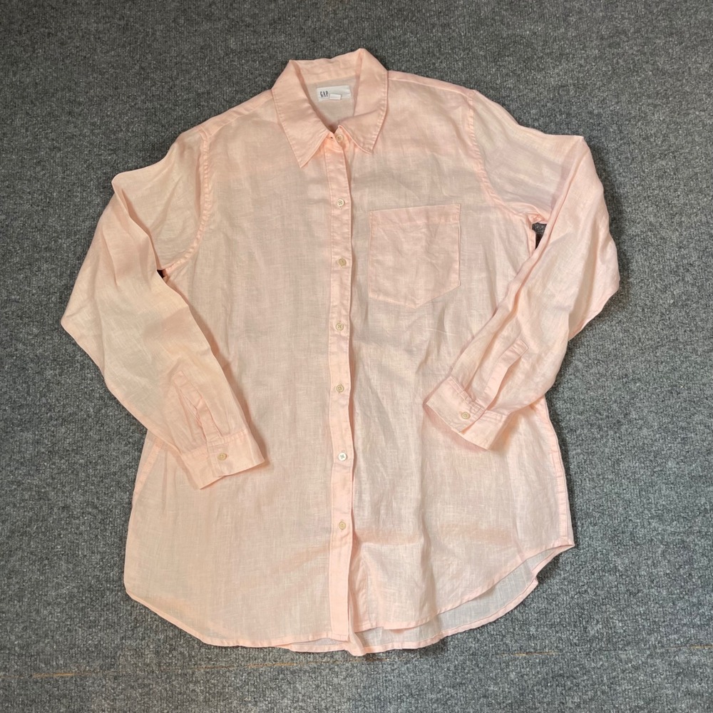 Gap Button Down Shirt Womens Medium Pink Linen Boyfriend Fit Long Sleeve Airy
